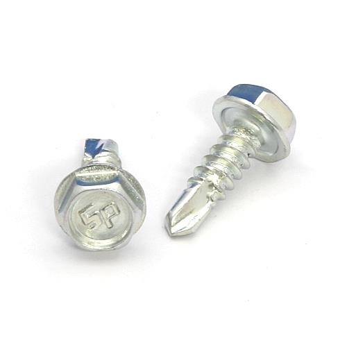 Picture of a screw with a drilling point for metal to metal use. Size #10 x 5/8". Zinc plated