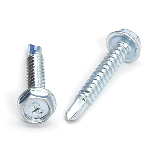 Picture of a screw with a drilling point for metal to metal use. Size #10 x 1-1/4". Zinc plated