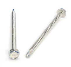 Picture of a screw with a drilling point for metal to metal use. Size #10 x 3". Zinc plated