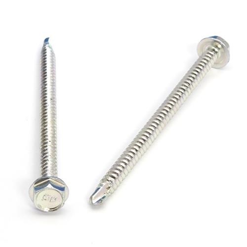 Picture of a screw with a drilling point for metal to metal use. Size #10 x 3". Zinc plated