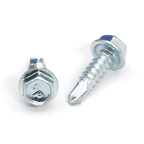 Picture of a screw with a drilling point for metal to metal use. Size #8 x 5/8". Zinc plated