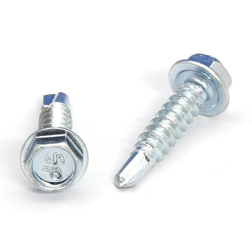 Picture of a screw with a drilling point for metal to metal use. Size #8 x 3/4". Zinc plated