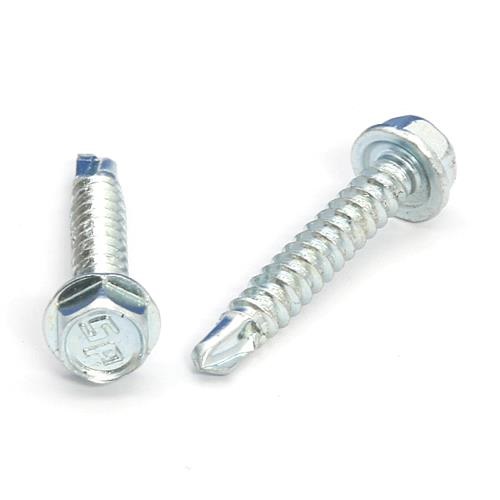 Picture of a screw with a drilling point for metal to metal use. Size #8 x 1". Zinc plated