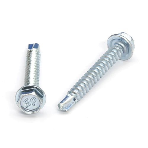 Picture of a screw with a drilling point for metal to metal use. Size #8 x 1-1/4". Zinc plated