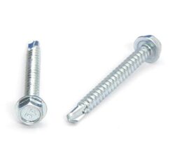 Picture of a screw with a drilling point for metal to metal use. Size #8 x 1-1/2". Zinc plated