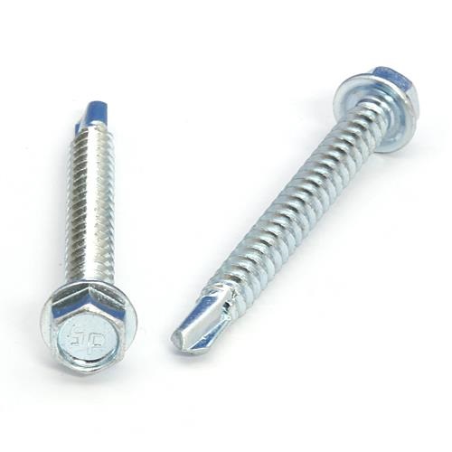 Picture of a screw with a drilling point for metal to metal use. Size #12 x 2". Zinc plated