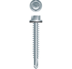 Picture of a screw with a drilling point for metal to metal use. Size #8 x 1/2". Zinc plated