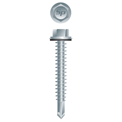 Picture of a screw with a drilling point for metal to metal use. Size #8 x 1/2". Zinc plated