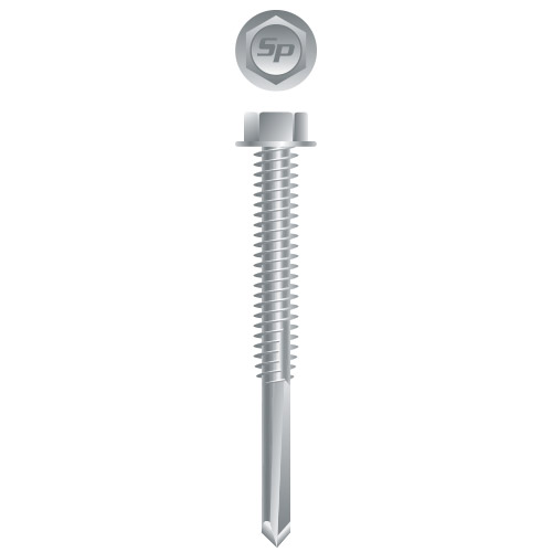 Picture of a screw with a drilling point for metal to metal use. Size #1/4 x 4". Strong-Shield Coated