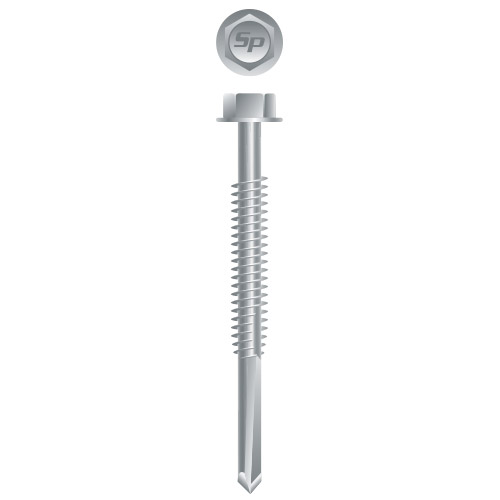 Picture of a screw with a drilling point for metal to metal use. Size #1/4 x 5". Strong-Shield Coated