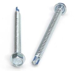 Picture of a screw with a drilling point for metal to metal use. Size #12 x 3". Zinc plated