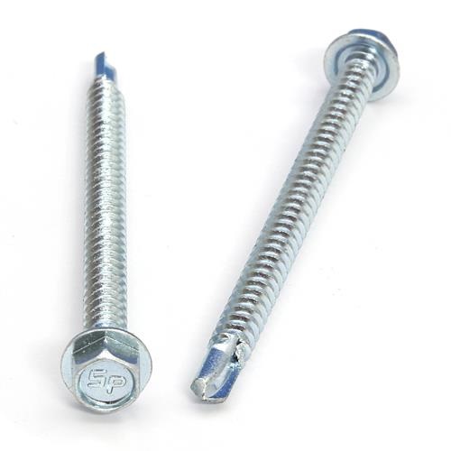 Picture of a screw with a drilling point for metal to metal use. Size #12 x 3". Zinc plated