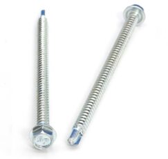 Picture of a screw with a drilling point for metal to metal use. Size #12 x 4". Zinc plated