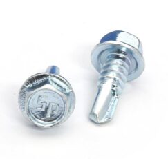 Picture of a screw with a drilling point for metal to metal use. Size #14 x 3/4". Zinc plated