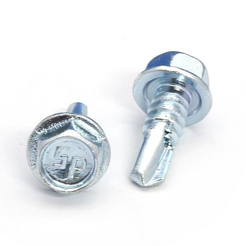 Picture of a screw with a drilling point for metal to metal use. Size #14 x 3/4". Zinc plated