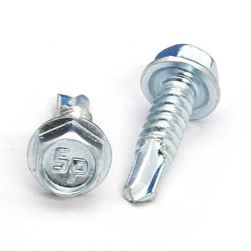 Picture of a screw with a drilling point for metal to metal use. Size #14 x 1". Zinc plated