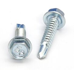 Picture of a screw with a drilling point for metal to metal use. Size #14 x 1-1/4". Zinc plated