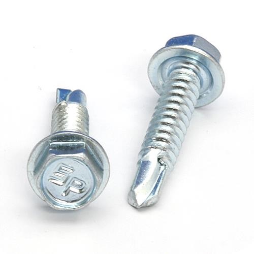 Picture of a screw with a drilling point for metal to metal use. Size #14 x 1-1/4". Zinc plated