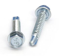 Picture of a screw with a drilling point for metal to metal use. Size #14 x 1-1/2". Zinc plated