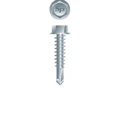 Picture of a screw with a drilling point for metal to metal use. Size #14 x 1-3/4". Zinc plated