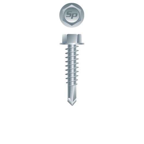 Picture of a screw with a drilling point for metal to metal use. Size #14 x 2-1/2". Zinc plated