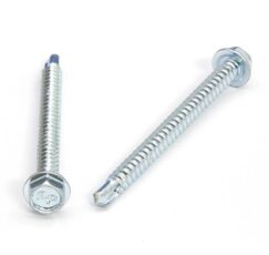 Picture of a screw with a drilling point for metal to metal use. Size #8 x 2". Zinc plated