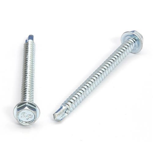 Picture of a screw with a drilling point for metal to metal use. Size #8 x 2". Zinc plated