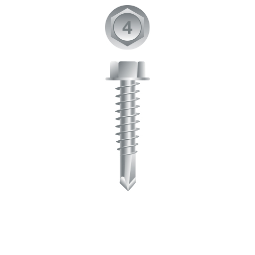 Picture of a screw, for metal or aluminum to metal or aluminum use. Size #12 x 1-1/4", 410 Stainless Steel.