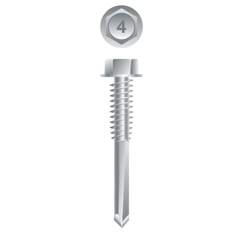 Picture of a screw, for metal or aluminum to metal or aluminum use. Size #12 x 1-1/4", 410 Stainless Steel.