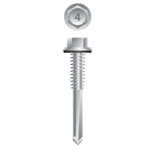 Picture of a screw, for metal or aluminum to metal or aluminum use. Size #12 x 1-1/4", 410 Stainless Steel.