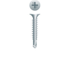 Picture of a screw with a drilling point for gypsum, insulation, wood to metal use. Size #10 x 3-1/2". Zinc Plated