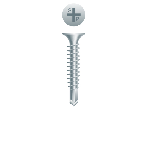 Picture of a screw with a drilling point for gypsum, insulation, wood to metal use. Size #6 x 1-1/8". Zinc Plated