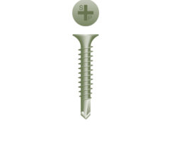 Picture of a screw with a drilling point for exterior sheating to metal use. Size #6 x 1-1/4".Ruspert Coating