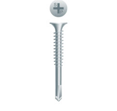 Picture of a screw with a a drilling point for wood to metal use. Size #8 x 2". Zinc Plated