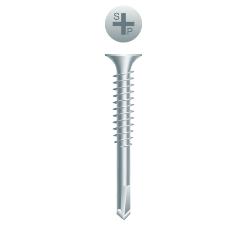 Picture of a screw with a a drilling point for wood to metal use. Size #8 x 2". Zinc Plated