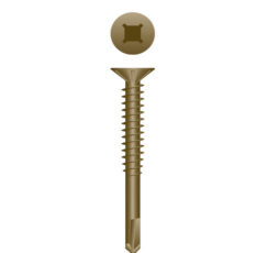 Picture of a screw with a drilling point for wood to metal use. Size #10 x 2-1/2". WAR Coated