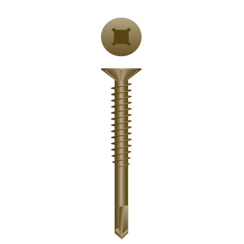 Picture of a screw with a drilling point for wood to metal use. Size #10 x 2-1/2". WAR Coated