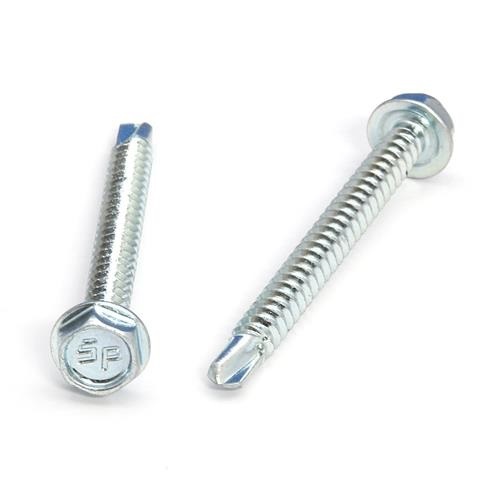 Picture of a screw with a drilling point for metal to metal use. Size #10 x 2". Zinc plated