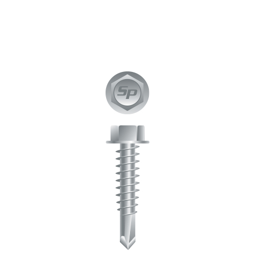 Picture of a screw with a drilling point for metal to metal use. Size #14 x 2-1/2". Strong-Shield Coated