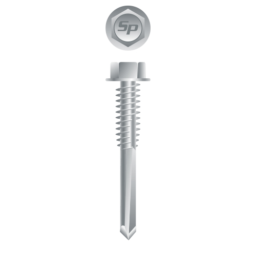 Picture of a screw with a drilling point for metal to metal use. Size #12 x 1-1/2". Strong-Shield Coated