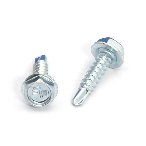 Picture of a screw with a drilling point for metal to metal use. Size #6 x 5/8". Zinc plated