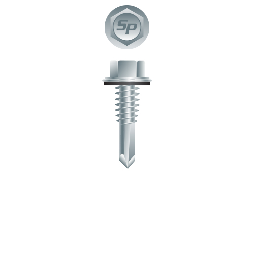 Picture of a screw with a drilling point for metal to metal use. Size #12 x 7/8". Zinc Plated