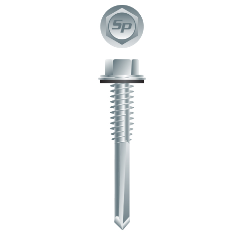 Picture of a screw with a drilling point for metal to metal use. Size #12 x 1-1/4". Zinc Plated