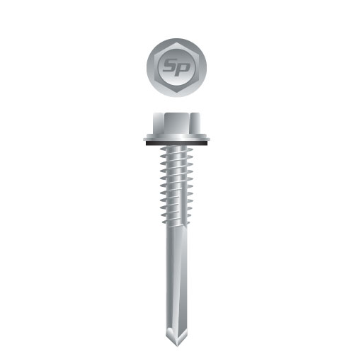 Picture of a screw with a drilling point for metal to metal use. Size #12 x 1-1/2". Strong-Shield Coated