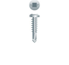 Picture of a screw with a drilling point for metal to metal use. Size #10 x 3/4". Zinc Plated