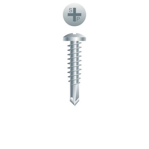 Picture of a screw with a drilling point for metal to metal use. Size #10 x 1-1/4". Zinc Plated