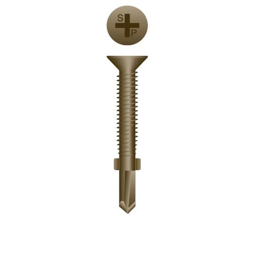 Picture of a screw with a drilling point for wood to metal use. Size #12 x 2". WAR Coated