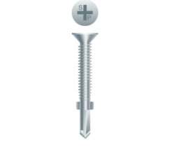 Picture of a screw with a drilling point for wood to metal use. Size #12 x 2-1/2". Zinc Plated