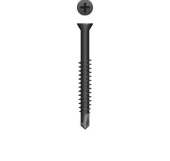 Picture of a screw with a a drilling point for wood to metal use. Size #6 x 1-5/8". Phosphate Coating