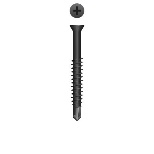 Picture of a screw with a a drilling point for wood to metal use. Size #6 x 1-5/8". Phosphate Coating